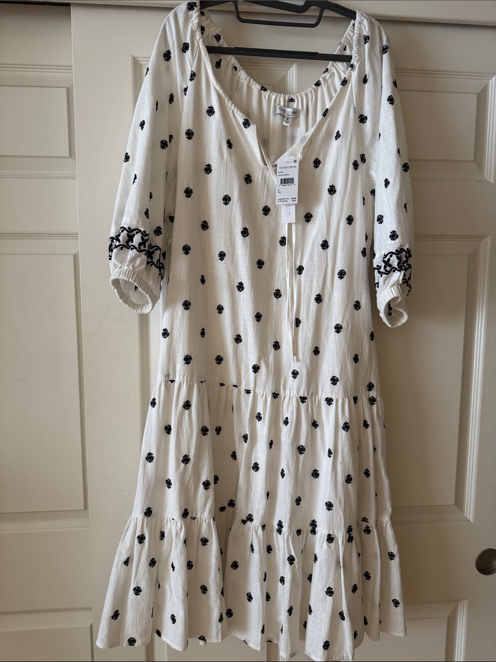 White Dress with Black Floral Embroidery - Women's Flowing Tiered Dress